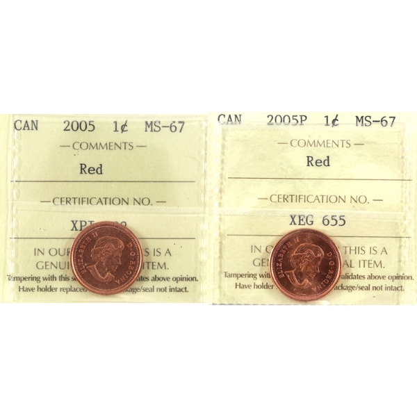 1-cent 2005 & 2005P ICCS MS67 Red. 2pcs.