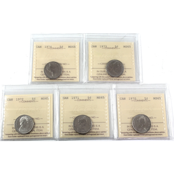 5x 5-cent 1970, 1971, 1972, 1973, & 1974 ICCS MS65. 5pcs.