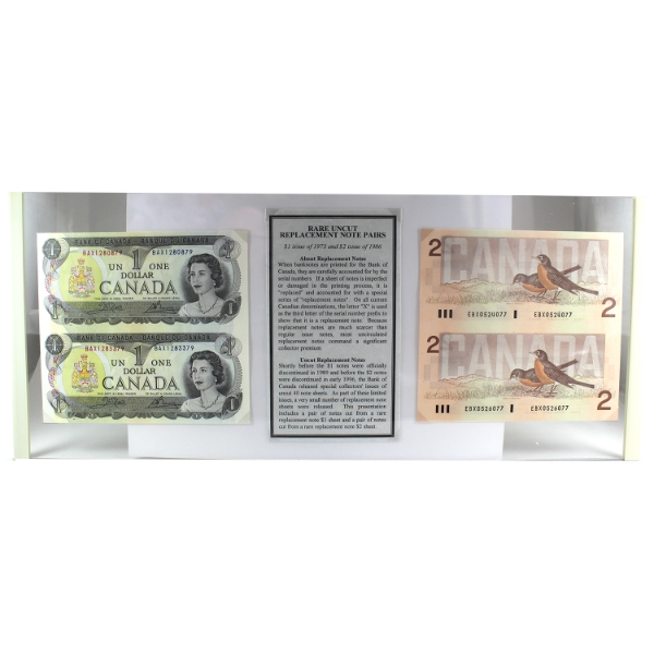 Pair of Uncut 1973 $1 & 1986 $2 Notes w/ Rare 'X' Replacement SNs in Acrylic Display Board