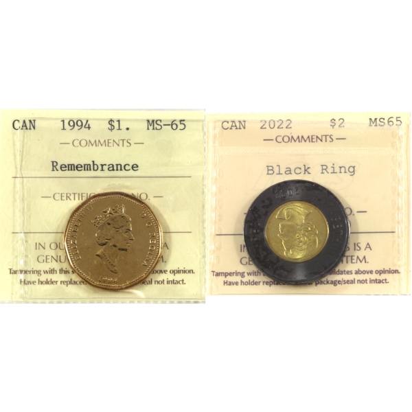 $1 Loon 1994 Memorial & $2 2022 Black Ring ICCS MS65. 2pcs.