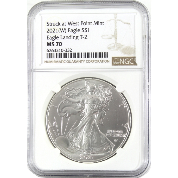 USA Silver 2021W $1 Silver Eagle, T-2 Eagle Landing 1oz .999 Fine Silver NGC MS70 (Tax Exempt)
