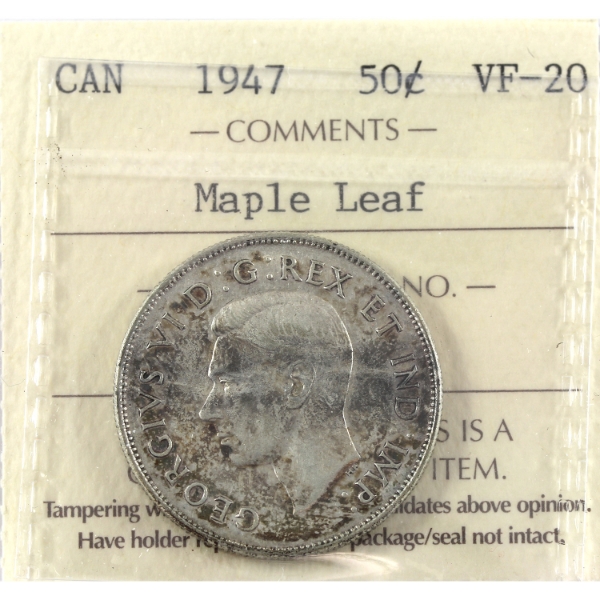 50-cent 1947 Maple Leaf ICCS VF20