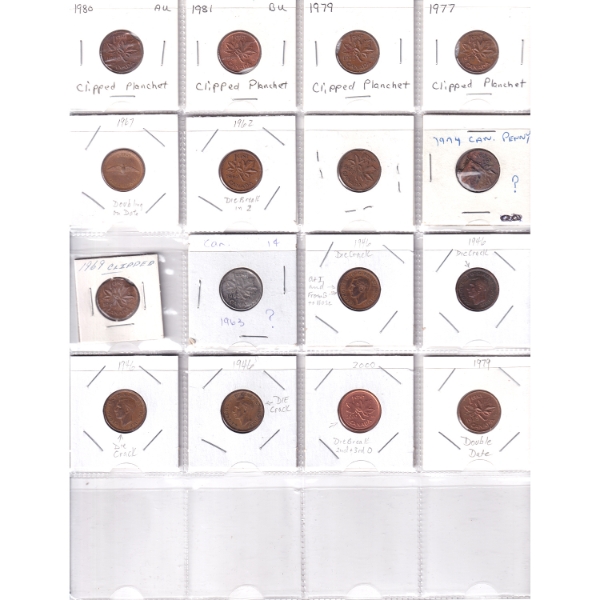 Bulk Lot of 1-cent 1918-2000 Errors & Varieties in 20-Pocket Sheets. 36pcs.