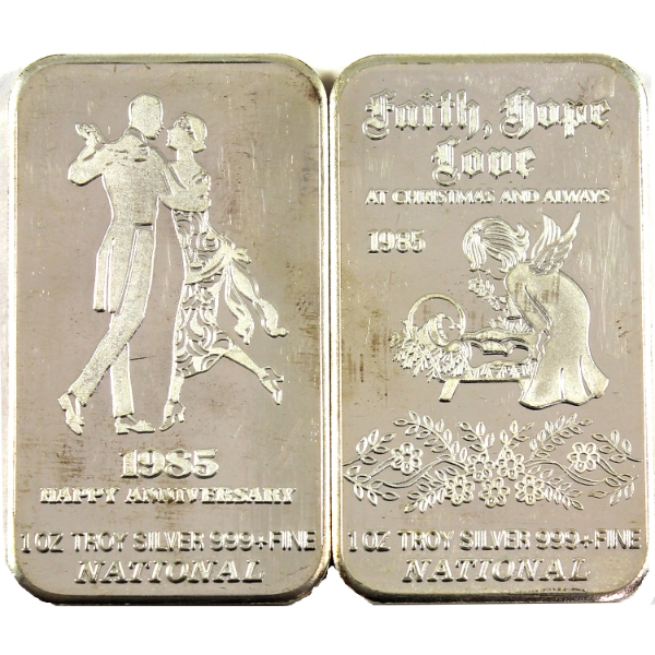2x 1oz National 1985 Holiday/Celebration Themed .999 Fine Silver Bars. 2pcs. (Tax Exempt)