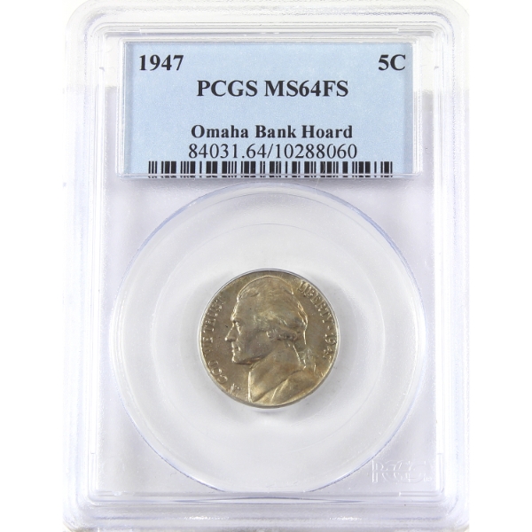 USA 1947 Jefferson Nickel PCGS MS64 FS, Omaha Bank Hoard