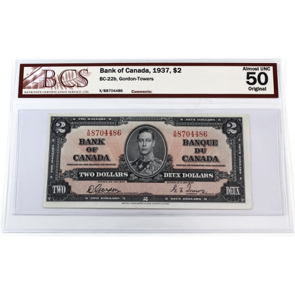 BC-22b 1937 $2 BCS AU50 Original Gordon-Towers SN:X/B8704486