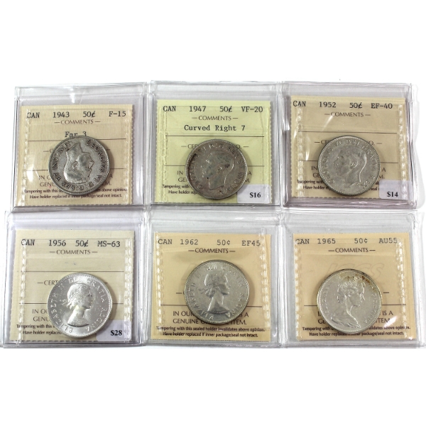 50-cent 1943-1695 ICCS F15 to MS63. 6pcs