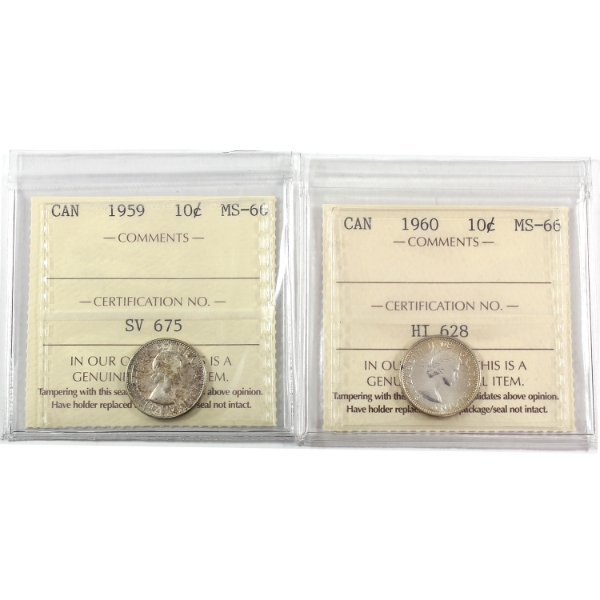 10-cent 1959 & 1960 ICCS MS66. 2pcs.