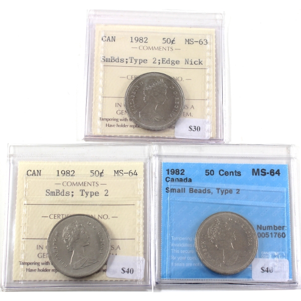 50-cent 3x 1982 SmBds; Type 2 ICCS or CCCS MS63 to MS64. 3pcs