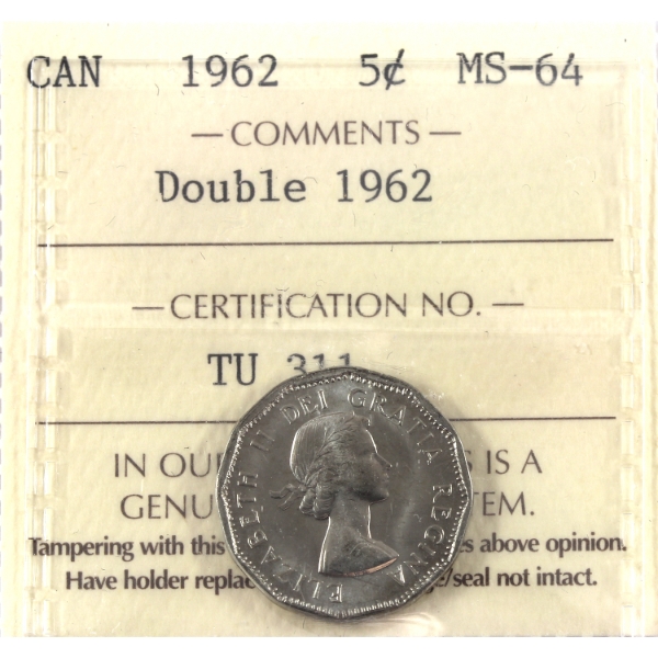 5-cent 1962 Double 1962 ICCS MS64