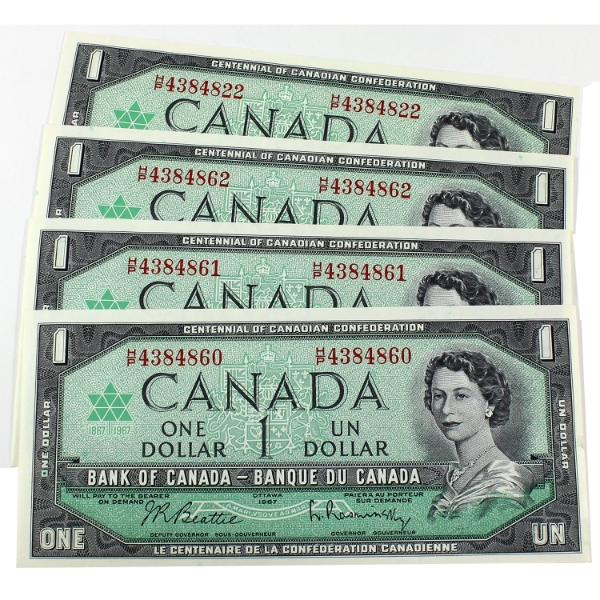BC-45b-i 1967 $1 UNC or Better Beattie Rasminsky. 4pcs.