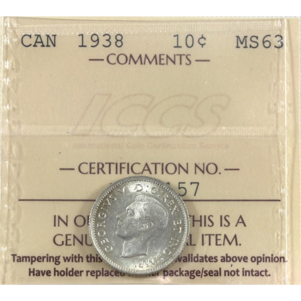 10-cent 1938 ICCS MS63