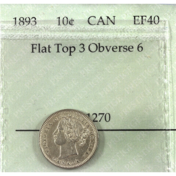 10-cent 1893 Flat Top 3, Obv 6 Prestige Certified EF40