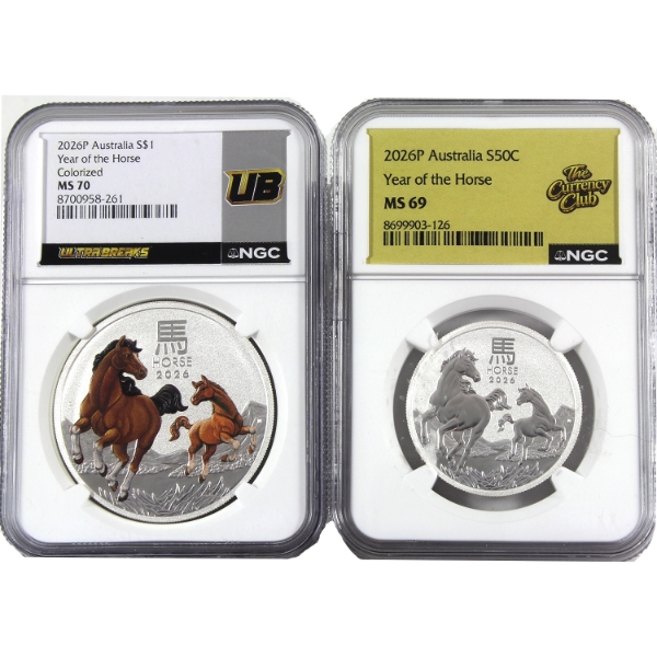 1.5oz Lot Total! Australia 2026 1oz & 1/2oz Year of the Horse NGC MS69 to MS70. 2pcs. (Tax Exempt)