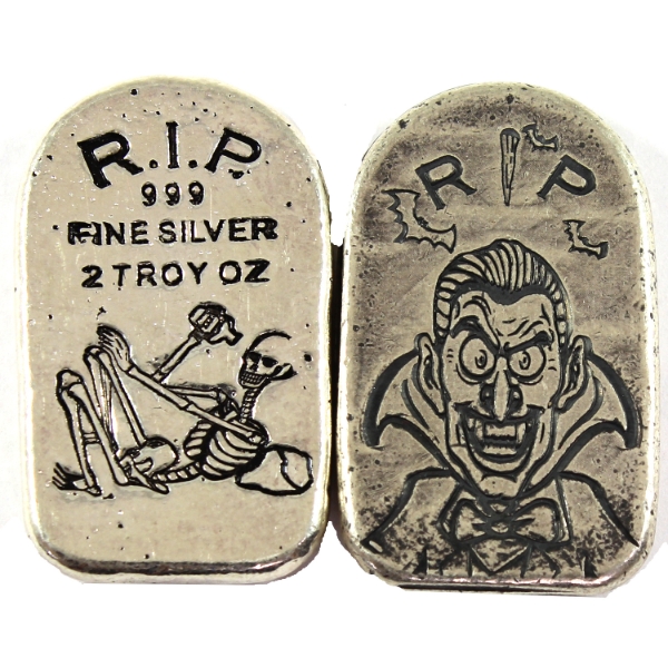 2oz Monarch Precious Metals Skeleton & Vampire Tombstone .999 Fine Silver Bars. 2pcs. (Tax Exempt)