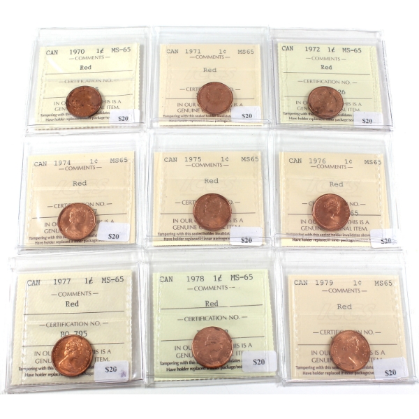 1-cent 1970, 1971, 1972, 1974, 1975, 1976, 1977, 1978 & 1979 ICCS MS65 Red. 9pcs