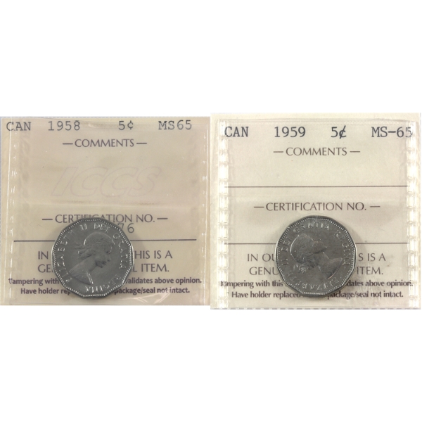 5-cent 1958 & 1959 ICCS MS65. 2pcs.