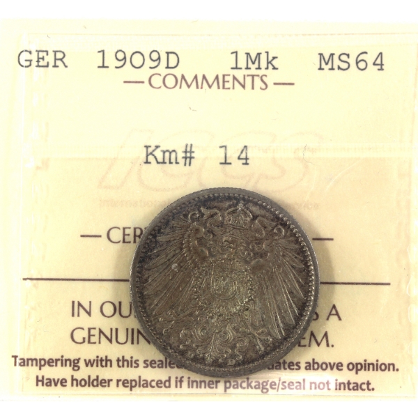 Germany-Empire Silver 1909D Mark ICCS MS64