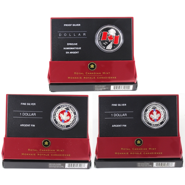 2005 National Flag & 2x 2006 Medal of Bravery Ltd. Ed. Enamel Proof Silver Dollars. 3pcs