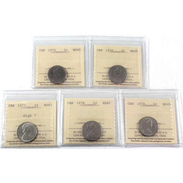 5x 5-cent 1975, 1976, 1977 High 7, 1978, & 1979 ICCS MS65. 5pcs.
