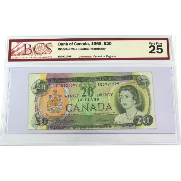 ERROR BC-50a-E25-i 1969 $20 Cut out of Register BCS VF25 Beattie-Rasminsky SN: ED3921599
