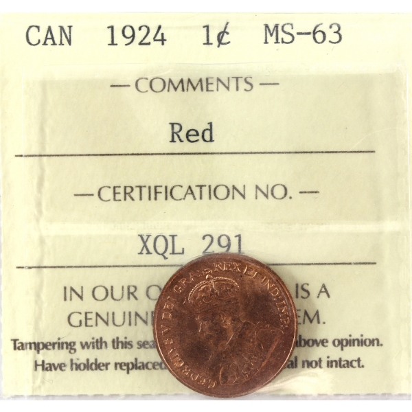 1-cent 1924 ICCS MS63 Red