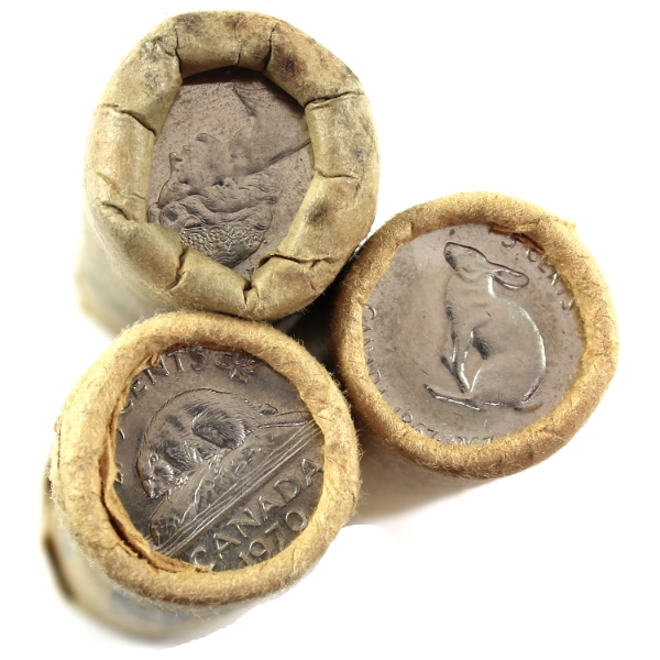 1967-1970 5-cent Original Wrapped Rolls of 40pcs. 3 Rolls.