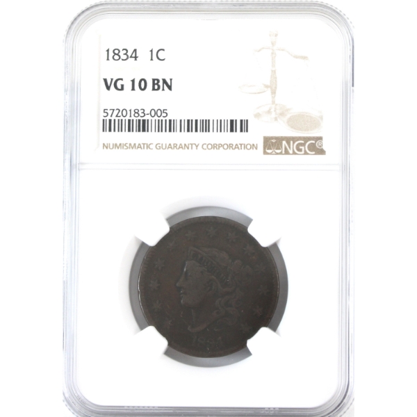 USA 1834 Coronet Head Cent Large 8 & Stars, Med. Letters NCG VG10 Brown