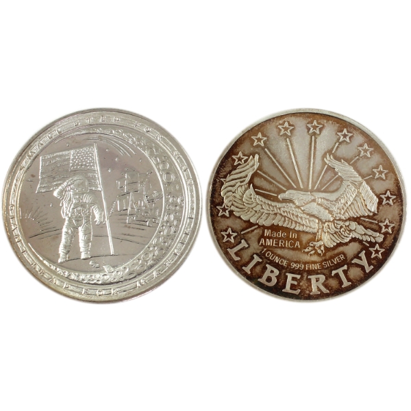 2x 1oz First Footprint On The Moon & Liberty .999 Fine Silver Rounds. 2pcs. (Tax Exempt)
