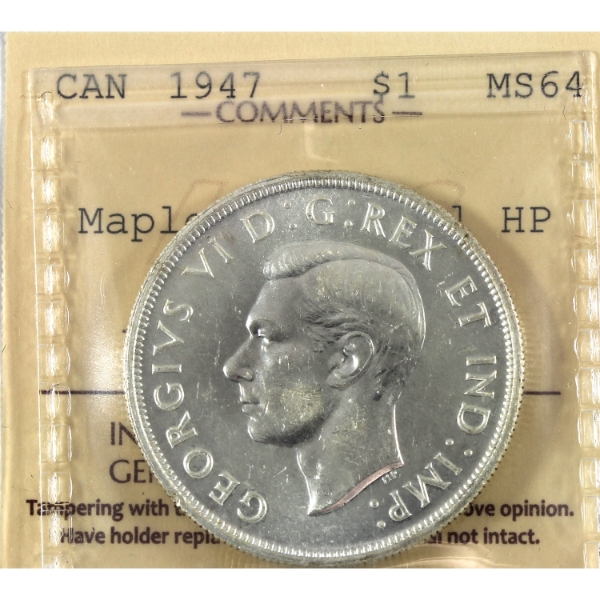 Silver $1 1947 Maple Leaf; Dbl HP ICCS MS64