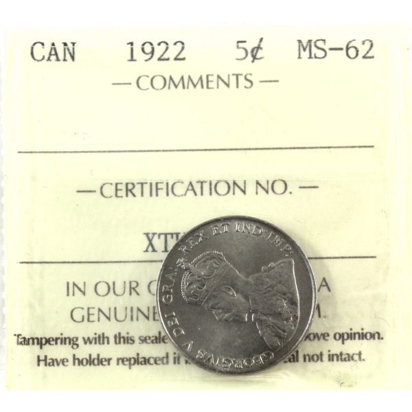 5-cent 1922 Near Rim ICCS MS62