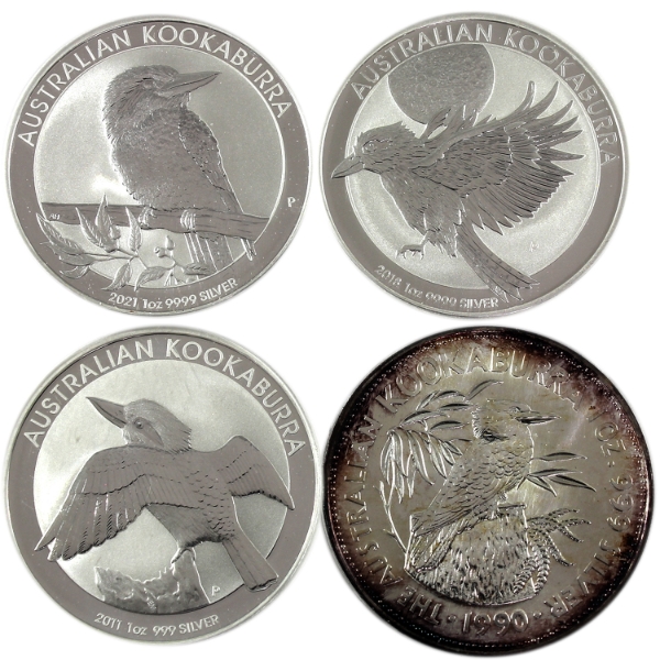 4x 1oz Australia 1990-2021 Kookaburra Fine Silver Rounds. 4pcs. (Tax Exempt)