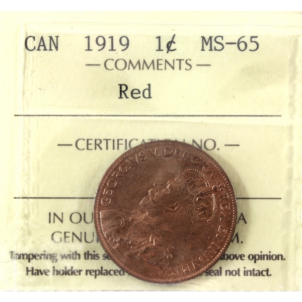 1-cent 1919 ICCS MS65 Red