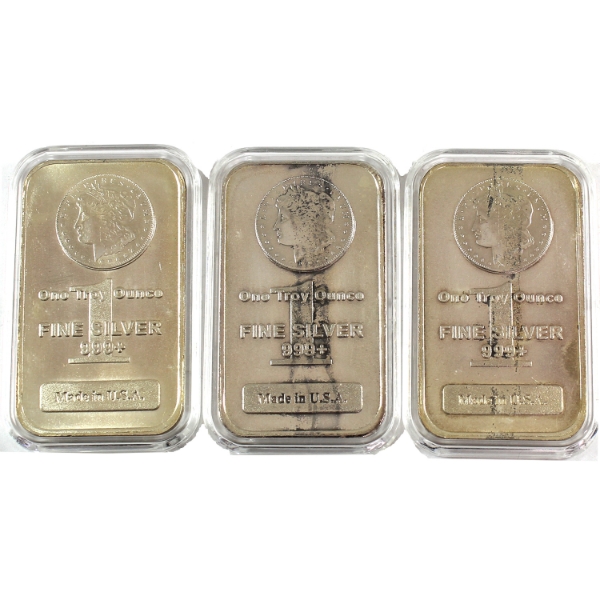 3x 1oz Highland Mint Vintage Morgan Dollar .999 Silver Bars, SNs Absent as Issued. 3pcs (Tax Exempt)