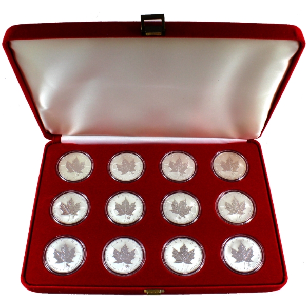 2004 $5 Zodiac Privy Mark 12-Coin .9999 Fine Silver Maple Leaf Set in Red Velvet Case. 