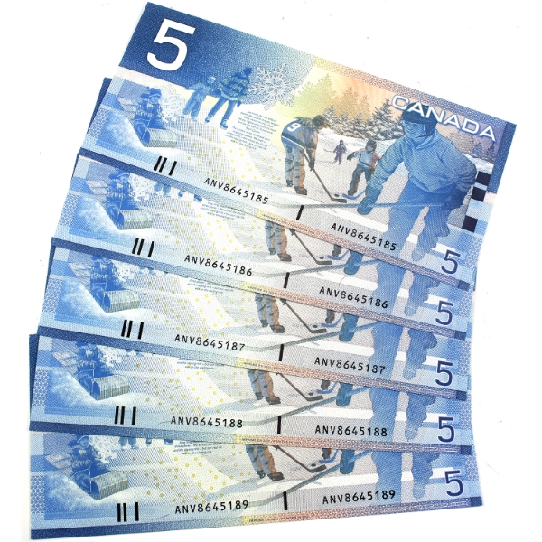 5x BC-62aA 2002 $5 Consecutive Knight-Dodge SN: ANV8645185-"89. 5pcs.