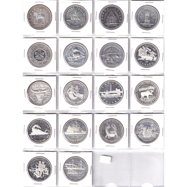 Silver $1 1973-1991 Commemorative Silver Dollar Bulk Collection in 20-Pocket Sheet. 18pcs.