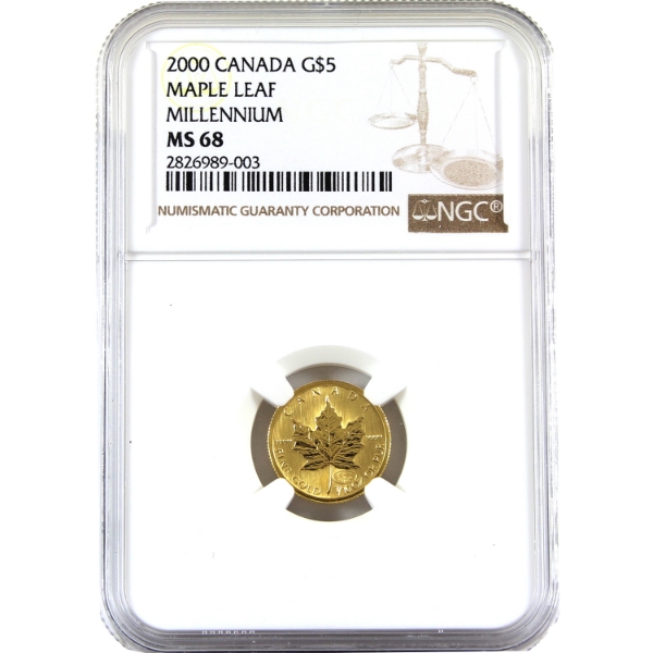 2000 Gold $5 GML 1/10oz .9999 Fine Gold Coin w/ Millennium Privy Mark NGC MS68 (Tax Exempt)