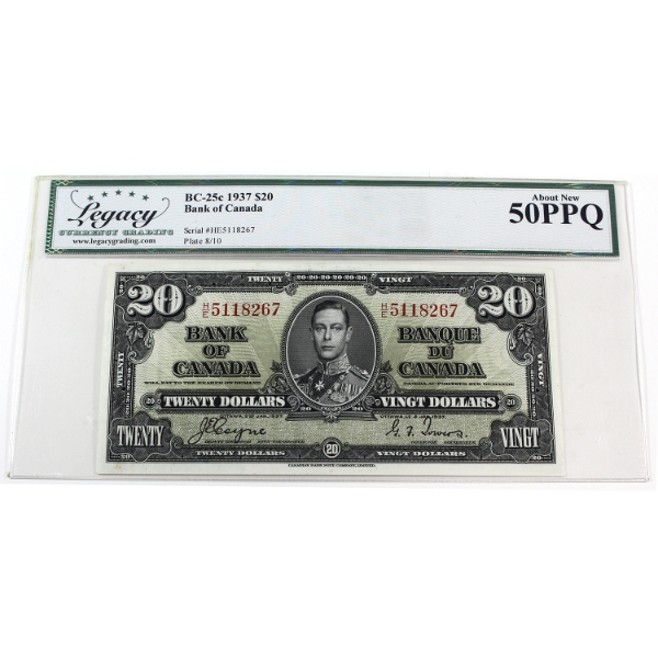BC-25c 1937 $20 Legacy AU50 PPQ Coyne-Towers SN:H/E5118267
