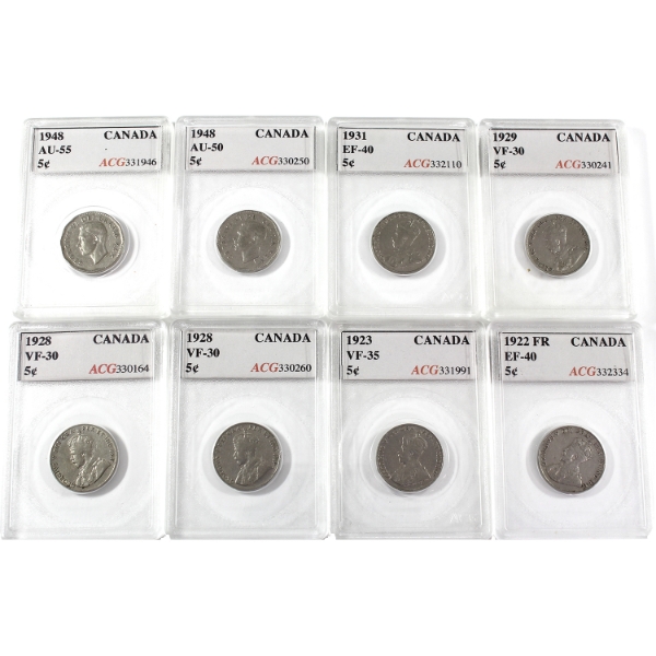 5-cent 1922-1948 ACG VF30 to AU55. 8pcs.