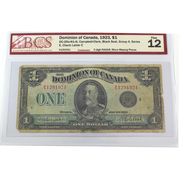RADAR DC-25o-N1-iii 1923 $1 3-Digit RADAR Black Seal Group 4 Series E BCS F12 Campbell-Clark