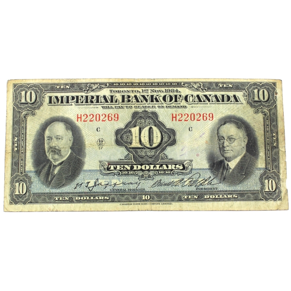 375-22-08 1934 $10 Imperial Bank of Canada F Jaffray-Rolph SN:H220269 Check Letter C