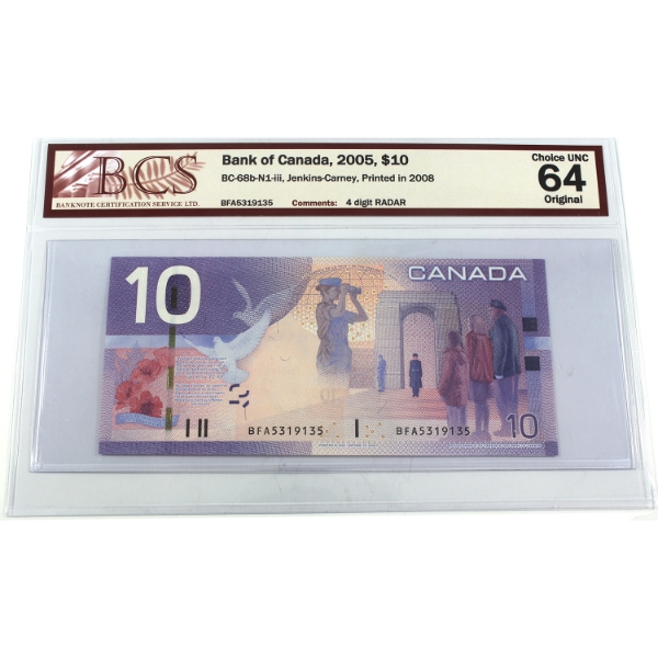 RADAR BC-68b-N1-iii 2005 $10 4-digit RADAR BCS CUNC64 Original Jenkins-Carney SN: BFA5319135