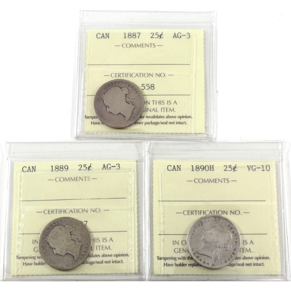 25-cent 1887 AG3, 1889 AG3, & 1890H VG10 ICCS. 3pcs.