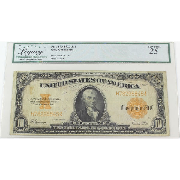 USA 1922 FR-1173 $10 Legacy VF25 Speelman-White Gold Certificate SN: H78295845