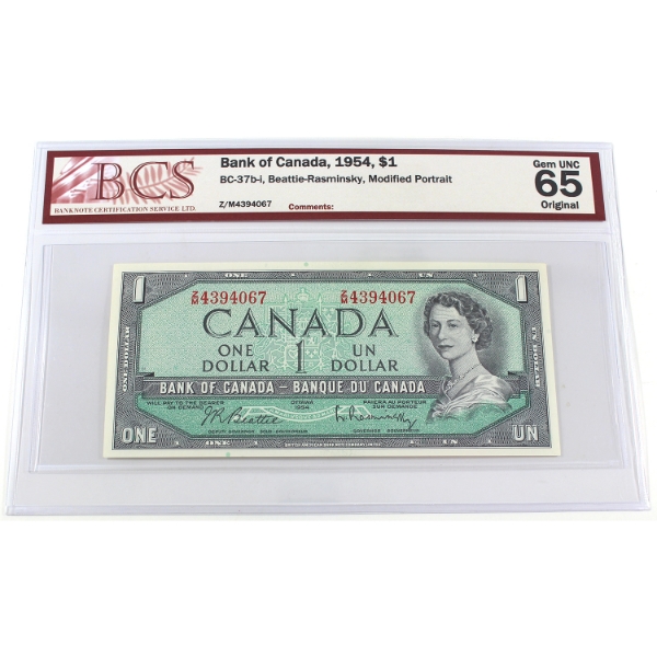 BC-37b-i 1954 $1 Modified Portrait BCS GEM UNC65 Original Beattie-Rasminsky SN:Z/M4394067