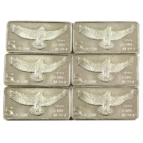 6x 5g Monarch Precious Metals Eagle .999 Fine Silver Bars. 6pcs. (Tax Exempt)