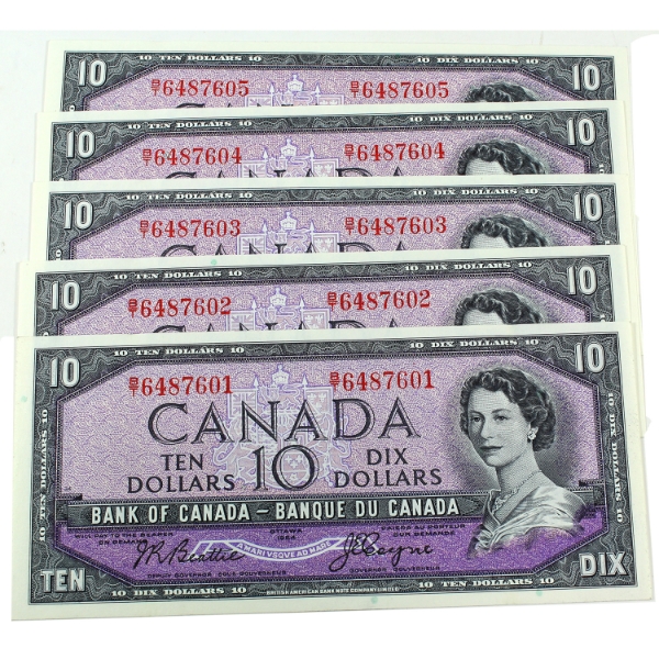 BC-40a 1954 $10 Consecutive #   UNC Beattie-Coyne SN: B/T6487601 to "605. 5pcs