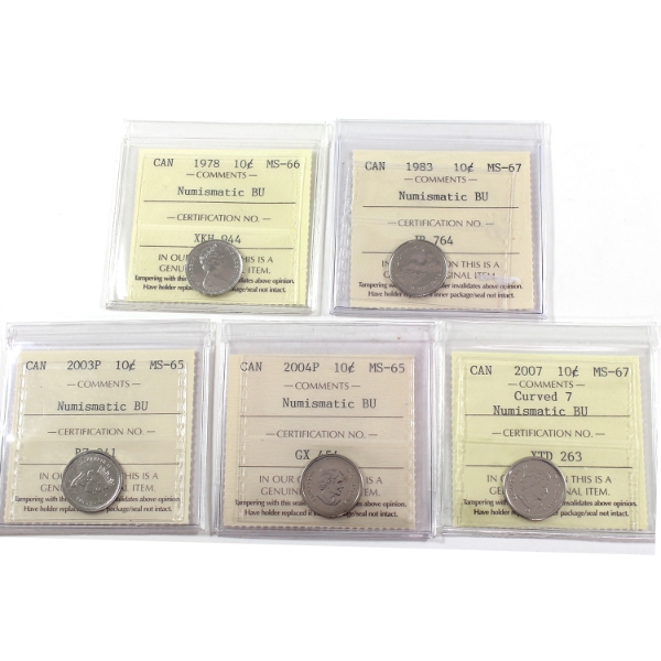 10-cent 1978-2007 ICCS MS65 to MS67 NBU. 5pcs.