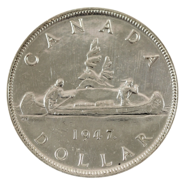 Silver $1 1947 Maple Leaf Double HP AU-UNC (Rubbed)